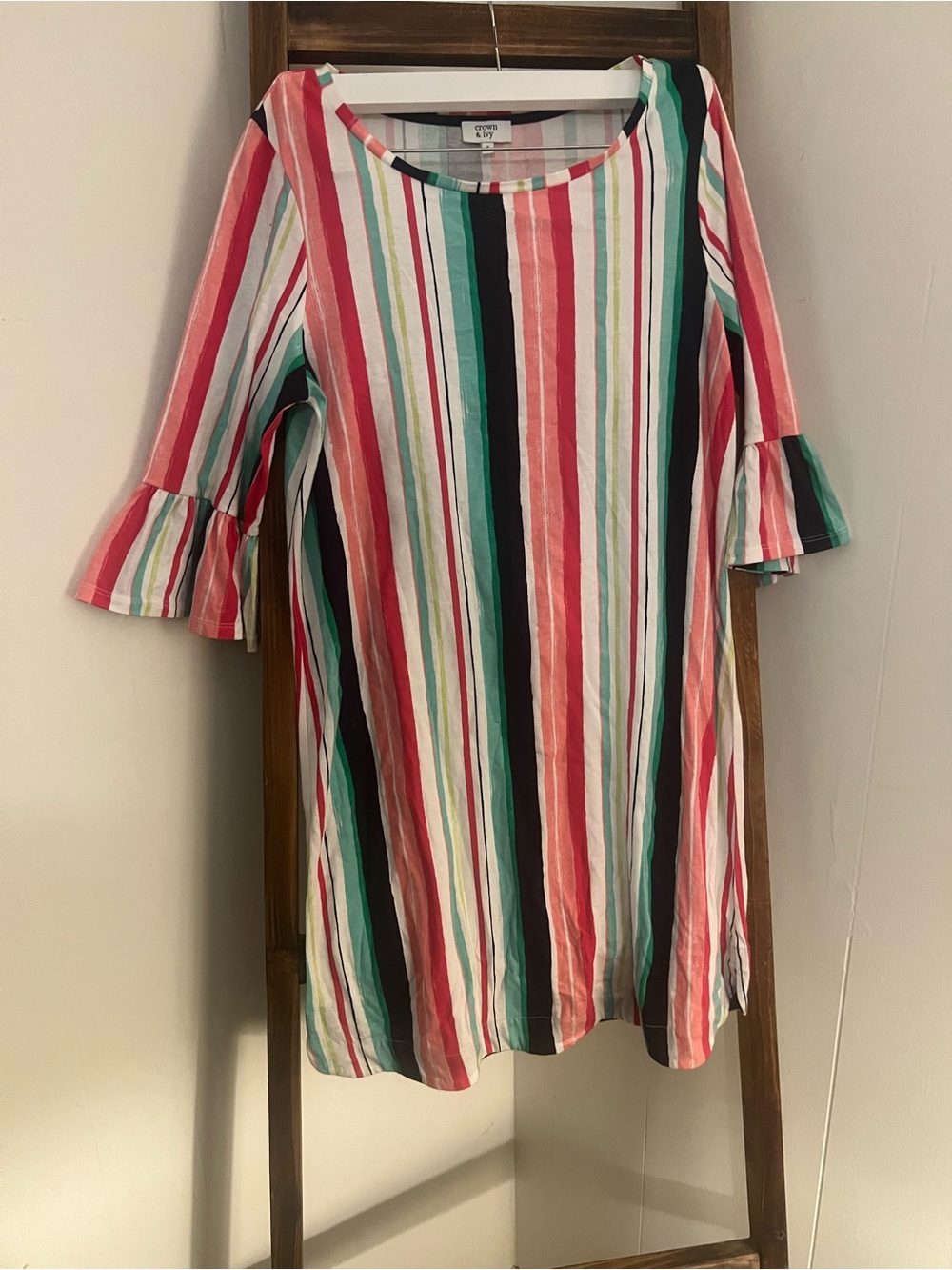 crown & ivy Multi-Stripe Ruffle-Sleeve womens Dress - Coral, Green, Black, White